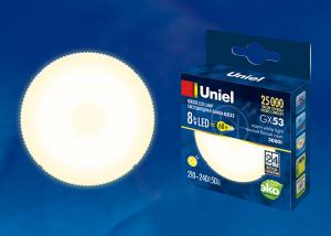 Лампа светодиодная (UL-00001672) GX53 8W 3000K таблетка матовая LED-GX53-8W/WW/GX53/FR PLZ01WH