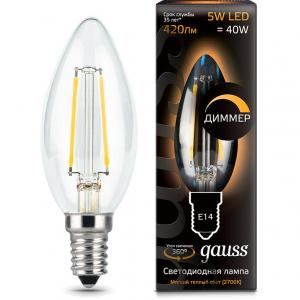 Лампа светодиодная диммируемая филаментная E14 5W 2700К свеча прозрачная 103801105-D