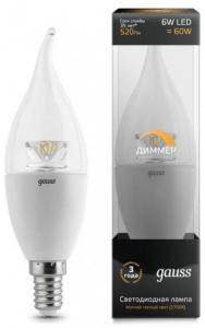 Лампа светодиодная диммируемая E14 6W 4100К свеча на ветру прозрачная 104201206-D