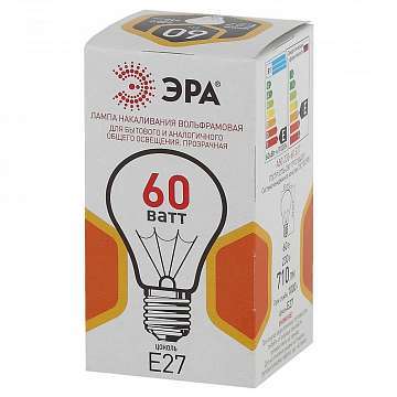 Лампа накаливания ЭРА E27 60W 2700K прозрачная A50 60-230-Е27-CL