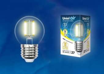 Лампа светодиодная филаментная (UL-00003252) Uniel E27 7,5W 3000K прозрачная LED-G45-7,5W/WW/E27/CL GLA01TR