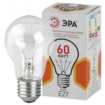 Лампа накаливания ЭРА E27 60W 2700K прозрачная A50 60-230-Е27-CL