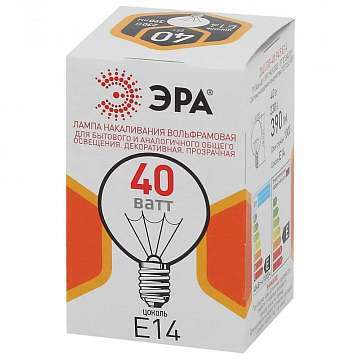 Лампа накаливания ЭРА E14 40W прозрачная ДШ 40-230-E14-CL