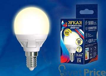 Лампа светодиодная диммируемая (UL-00004302) Uniel E14 7W 3000K матовая LED-G45 7W/3000K/E14/FR/DIM PLP01WH