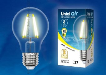 Лампа светодиодная (UL-00002210) E27 8W 3000K прозрачная LED-A60-8W/WW/E27/CL GLA01TR