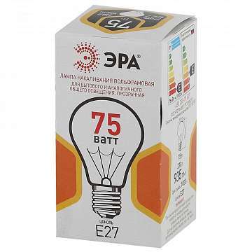 Лампа накаливания ЭРА E27 75W 2700K прозрачная A50 75-230-Е27-CL