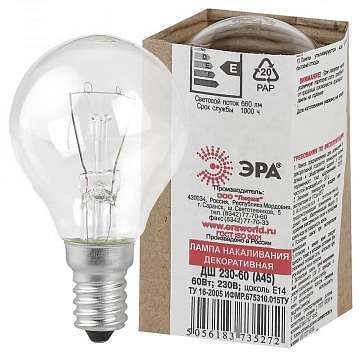 Лампа накаливания ЭРА E14 60W 2700K прозрачная P45-60W-E14/ДШ 230-60 Е 14 (гофра)