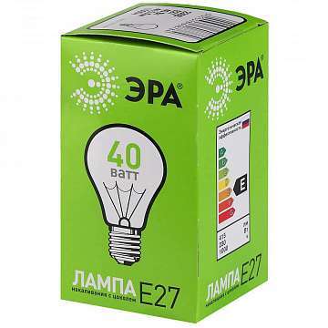Лампа накаливания ЭРА E27 40W 2700K прозрачная ЛОН А55/А50-40-230-E27-CL