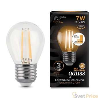 Лампа светодиодная филаментная диммируемая Gauss E27 7W 2700K прозрачная 105802107-S