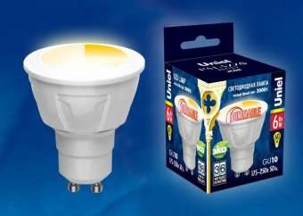 Лампа светодиодная диммируемая (UL-00003990) Uniel GU10 6W 3000K матовая LED-JCDR 6W/WW/GU10/FR/DIM PLP01WH