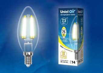 Лампа светодиодная филаментная (UL-00003245) Uniel E14 7,5W 3000K прозрачная LED-C35-7,5W/WW/E14/CL GLA01TR