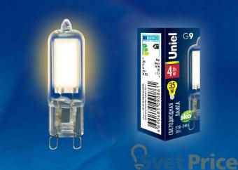 Лампа светодиодная (UL-00001815) G9 4W 3000K капсульная прозрачная LED-JCD-4W/WW/G9/CL GLZ01TR