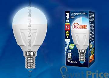 Лампа светодиодная (UL-00000692) E14 6W 4500K шар матовый LED-G45-6W/NW/E14/FR/DIM PLP01WH
