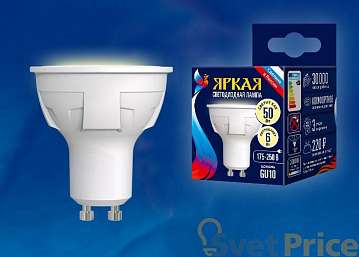 Лампа светодиодная (UL-00002423) GU10 6W 3000K полусфера матовая LED-JCDR 6W/WW/GU10/FR PLP01WH