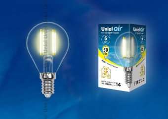 Лампа светодиодная филаментная (UL-00002201) Uniel E14 6W 3000K прозрачная LED-G45-6W/WW/E14/CL GLA01TR
