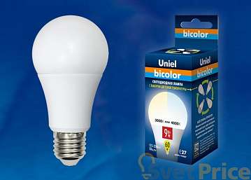 Лампа светодиодная (UL-00001569) E27 9W 4000K шар матовый LED-A60-9W/WW+NW/E27/FR PLB01WH