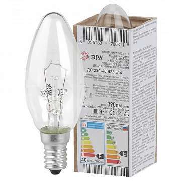 Лампа накаливания ЭРА E14 40W 2700K прозрачная ДС 40-230-Е14 (гофра)