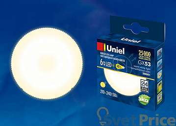 Лампа светодиодная (UL-00001670) GX53 6W 3000K таблетка матовая LED-GX53-6W/WW/GX53/FR PLZ01WH