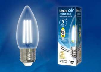 Лампа светодиодная филаментная диммируемая (UL-00003642) Uniel E27 5W 4000K прозрачная LED-C35-5W/NW/E27/CL/DIM GLA01TR