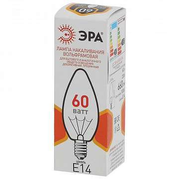 Лампа накаливания ЭРА E14 60W 2700K прозрачная ДС 60-230-E14-CL