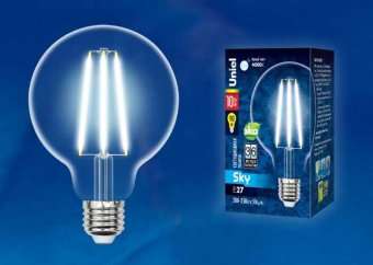 Лампа светодиодная филаментная (UL-00004863) Uniel E27 10W 4000K прозрачная LED-G95-10W/4000K/E27/CL PLS02WH
