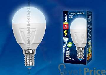 Лампа светодиодная (UL-00000771) E14 7W 4500K шар матовый LED-G45-7W/NW/E14/FR PLP01WH