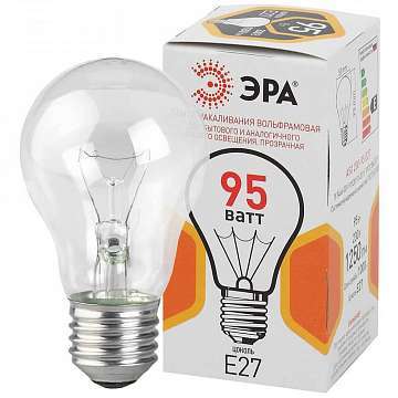 Лампа накаливания ЭРА E27 95W 2700K прозрачная A50 95-230-Е27-CL