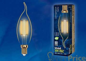 Лампа светодиодная (UL-00002397) E14 5W свеча на ветру прозрачная LED-CW35-5W/GOLDEN/E14 GLV21GO