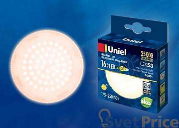 Лампа светодиодная (UL-00003726) Uniel GX53 16W 3000K матовая LED-GX53-16W/WW/GX53/FR PLZ01WH
