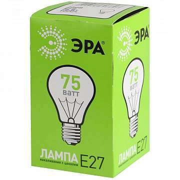 Лампа накаливания ЭРА E27 75W 2700K прозрачная ЛОН А55/А50-75-230-E27-CL