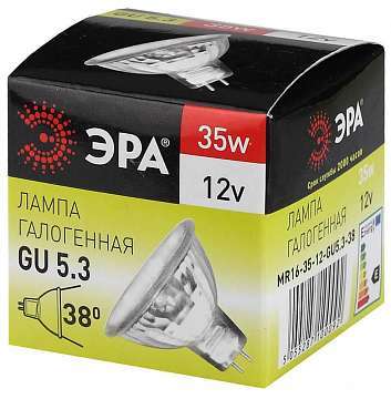 Лампа галогенная ЭРА GU5.3 35W 3000K прозрачная GU5.3-MR16-35W-12V-CL