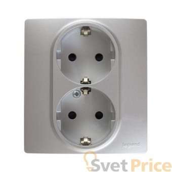 Розетка 2X2К+З Legrand Etika 16A 250V с/з со шторками безвинтовой зажим немецкий стандарт алюминий 672433