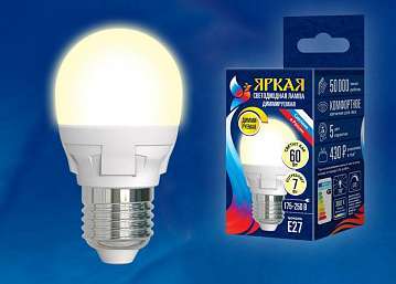 Лампа светодиодная диммируемая (UL-00004303) Uniel E27 7W 3000K матовая LED-G45 7W/3000K/E27/FR/DIM PLP01WH