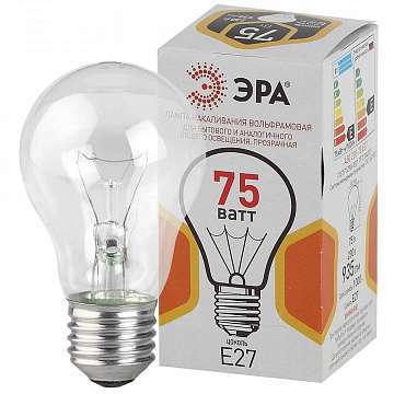 Лампа накаливания ЭРА E27 75W 2700K прозрачная A50 75-230-Е27-CL