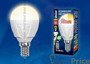 Лампа светодиодная (UL-00000694) E14 6W 3000K шар матовый LED-G45-6W/WW/E14/FR/DIM PLP01WH