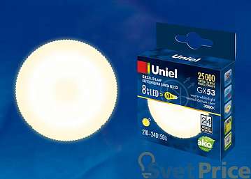 Лампа светодиодная (UL-00001672) GX53 8W 3000K таблетка матовая LED-GX53-8W/WW/GX53/FR PLZ01WH