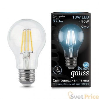 Лампа светодиодная филаментная E27 10W 4100К прозрачная 102802210