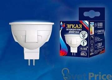 Лампа светодиодная диммируемая (UL-00003989) Uniel GU5.3 6W 4000K матовая LED-JCDR 6W/NW/GU5.3/FR/DIM PLP01WH