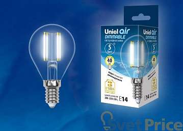 Лампа светодиодная филаментная (UL-00002870) E14 5W 4000K LED-G45-5W/NW/E14/CL/DIM GLA01TR