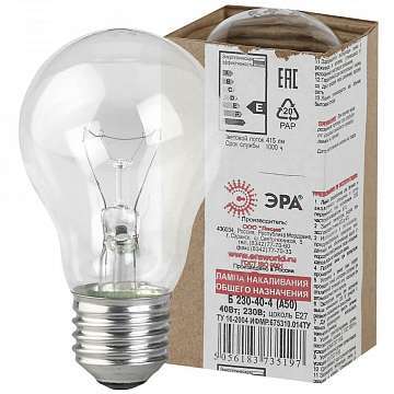 Лампа накаливания ЭРА E27 40W 2700K прозрачная А50-40W-Е27/Б 230-40-4 (гофра)